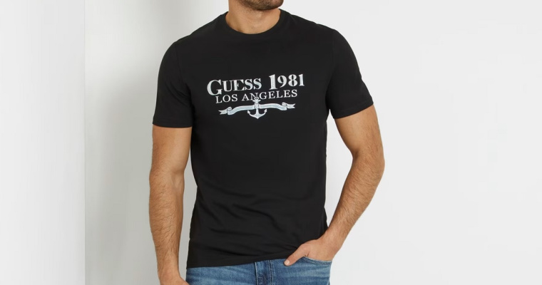 Męski t-shirt Guess ze stretchem z printem - Super cena w promocji!