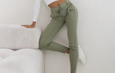Jeansowe spodnie rurki z troczkiem Khaki XS-XL w promocji!