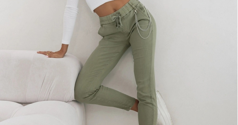 Jeansowe spodnie rurki z troczkiem Khaki XS-XL w promocji!